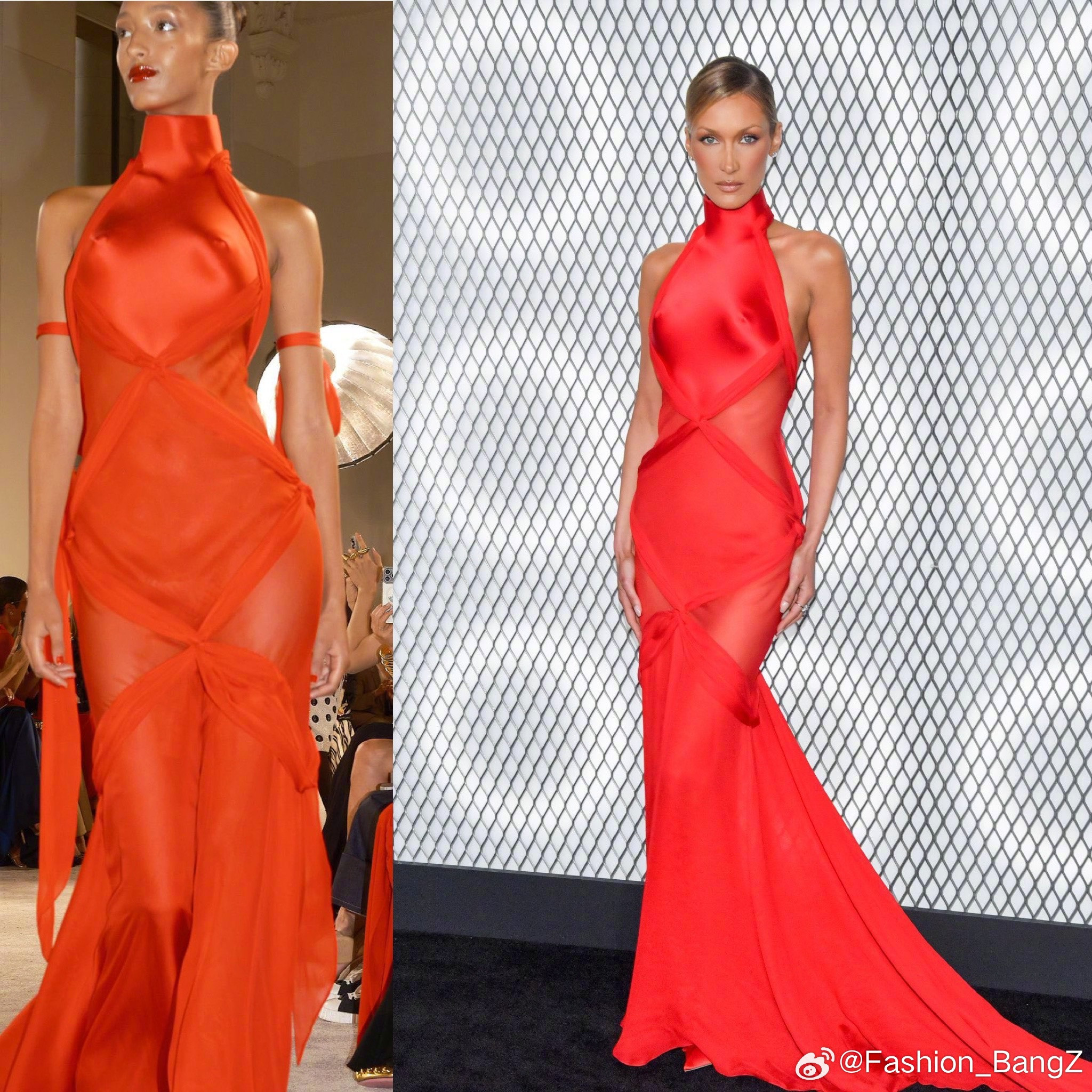 BellaHadid亮相剧集纽约首映礼，一袭红裙