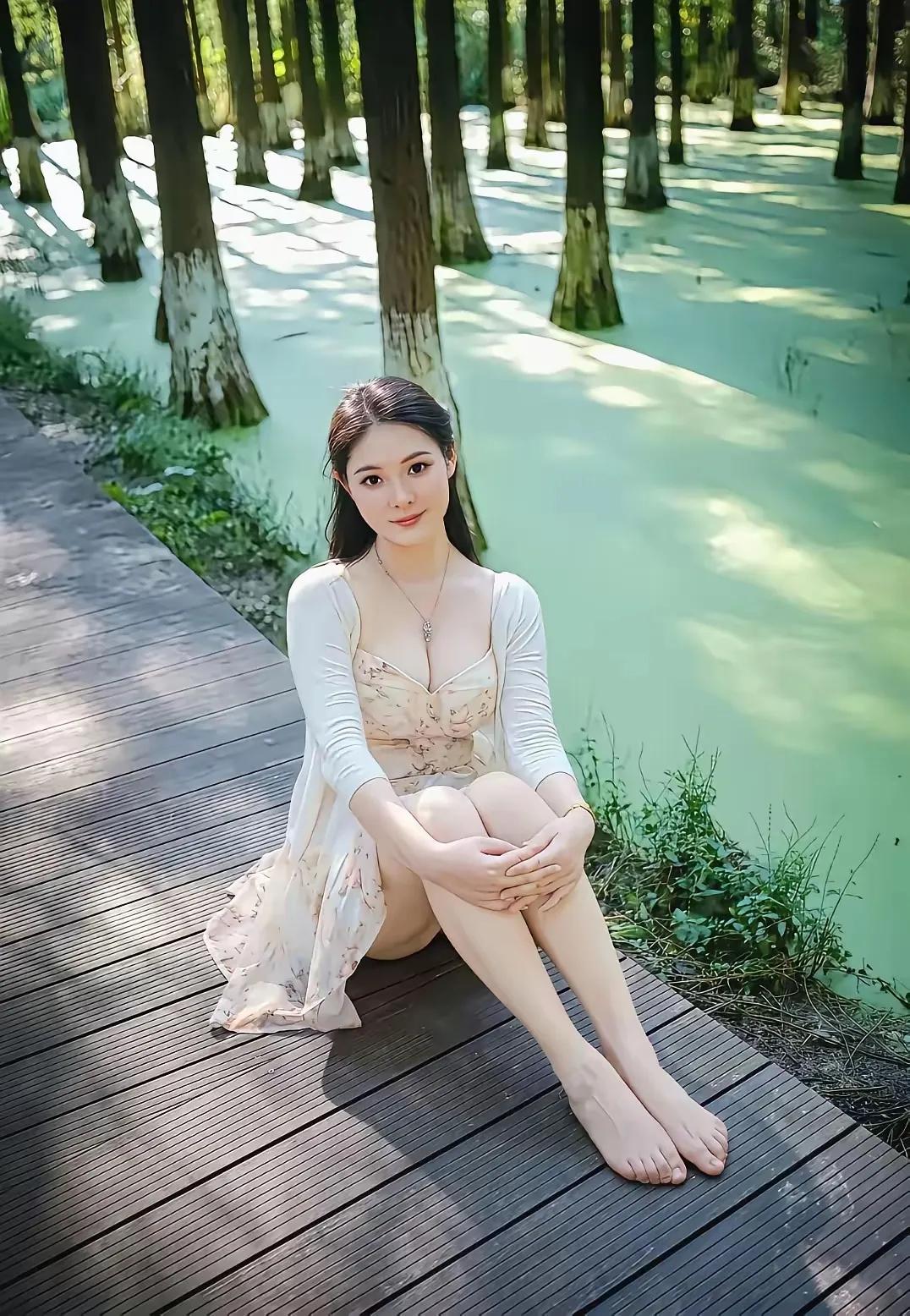 你说这么精致的人，怎么坐在这树林子，还光着脚拍照呢？