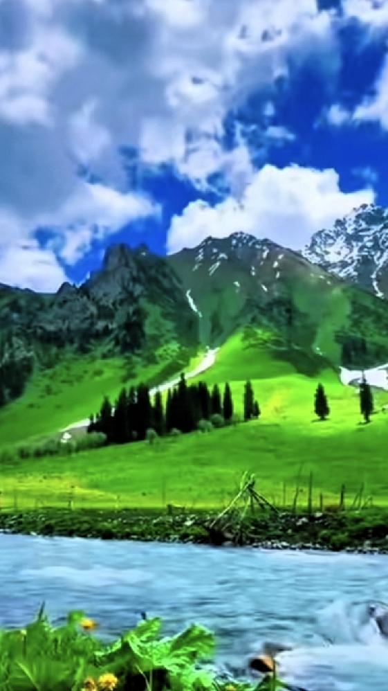 🌿山川秀丽，绿意盎然，静谧的河流流淌在青翠的山谷中，仿佛置身世外桃源。🌿