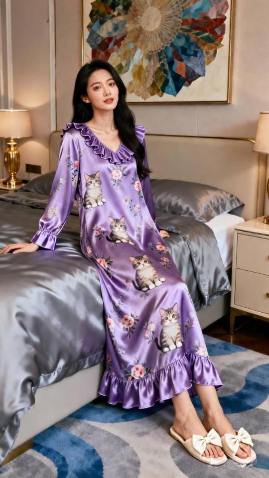 美女展示长款家居服———晨袍。晨袍女士家居服