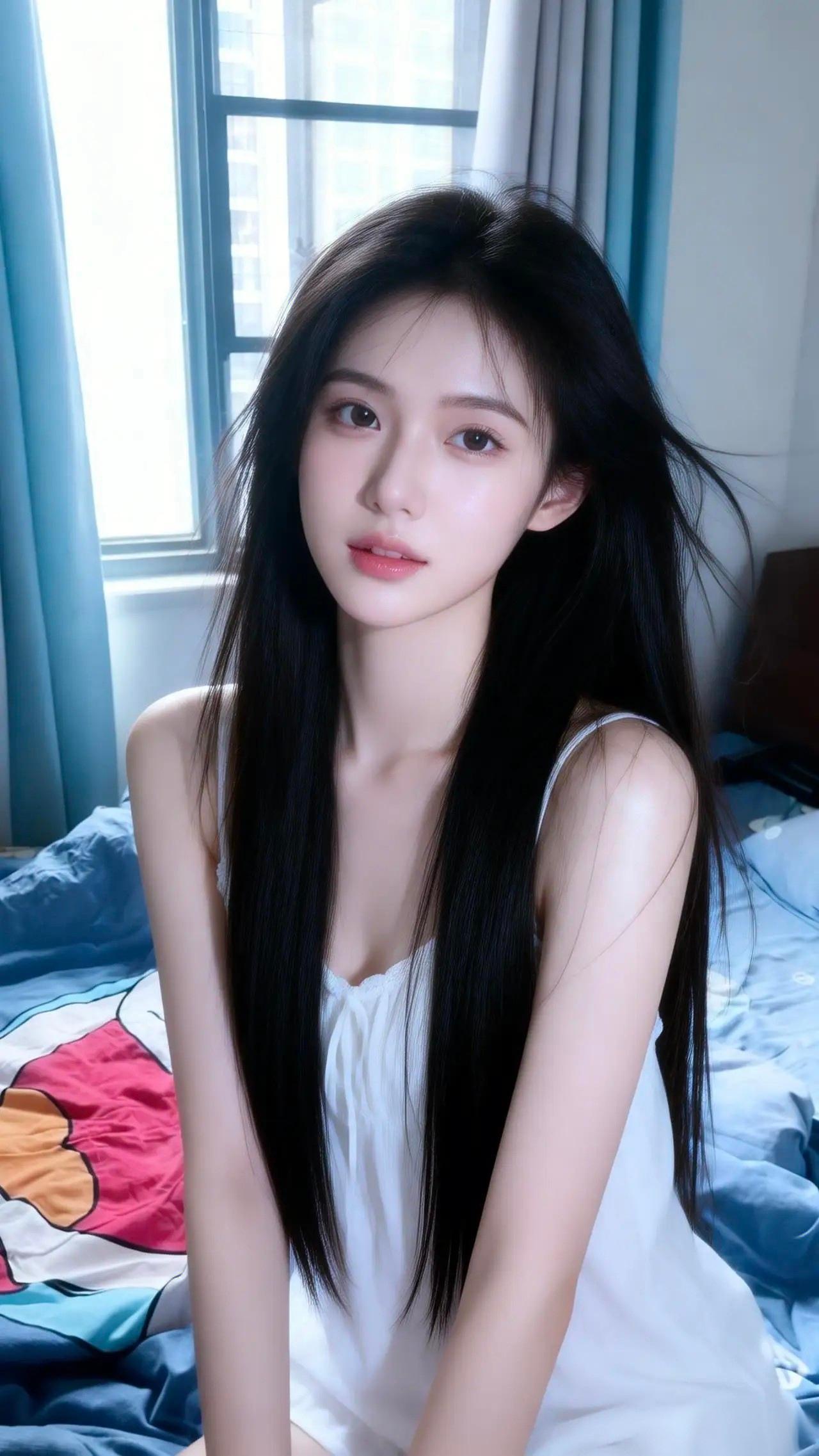 温柔纯净的长发美少女谁能不爱啊！柔雾的长发、轻薄的睡裙，朦胧又好看。