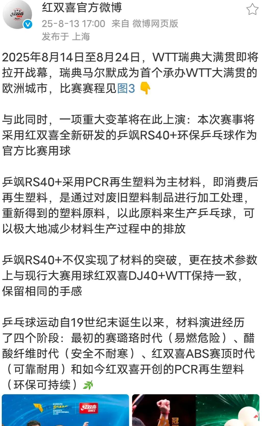 瑞典大满贯赛又换球了。刚刚看到红双喜发文说，本次赛事（WTT瑞典大满贯）将采用