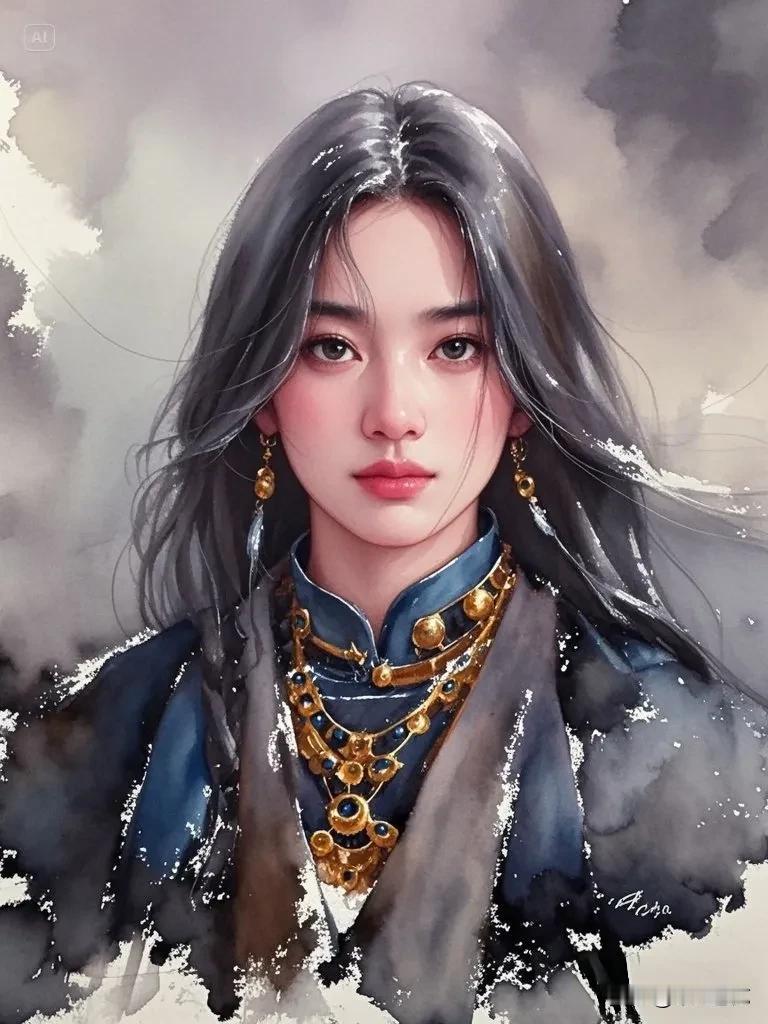 【水彩画】浣溪沙·佳人韵致黛发轻垂映素裳，蓝襟淡染韵流芳。清姿侧影意悠长。眉