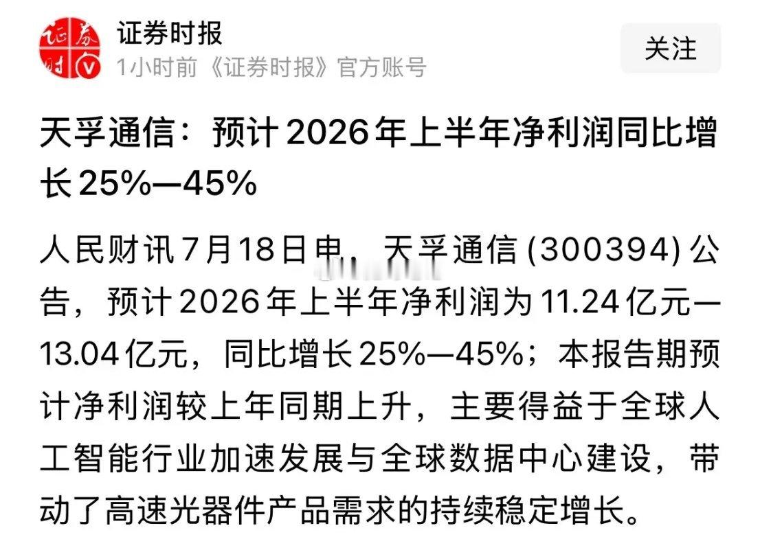 重磅利好消息，人民财讯亲自打Call天孚业绩第二季度业绩大超市场预期：2026年