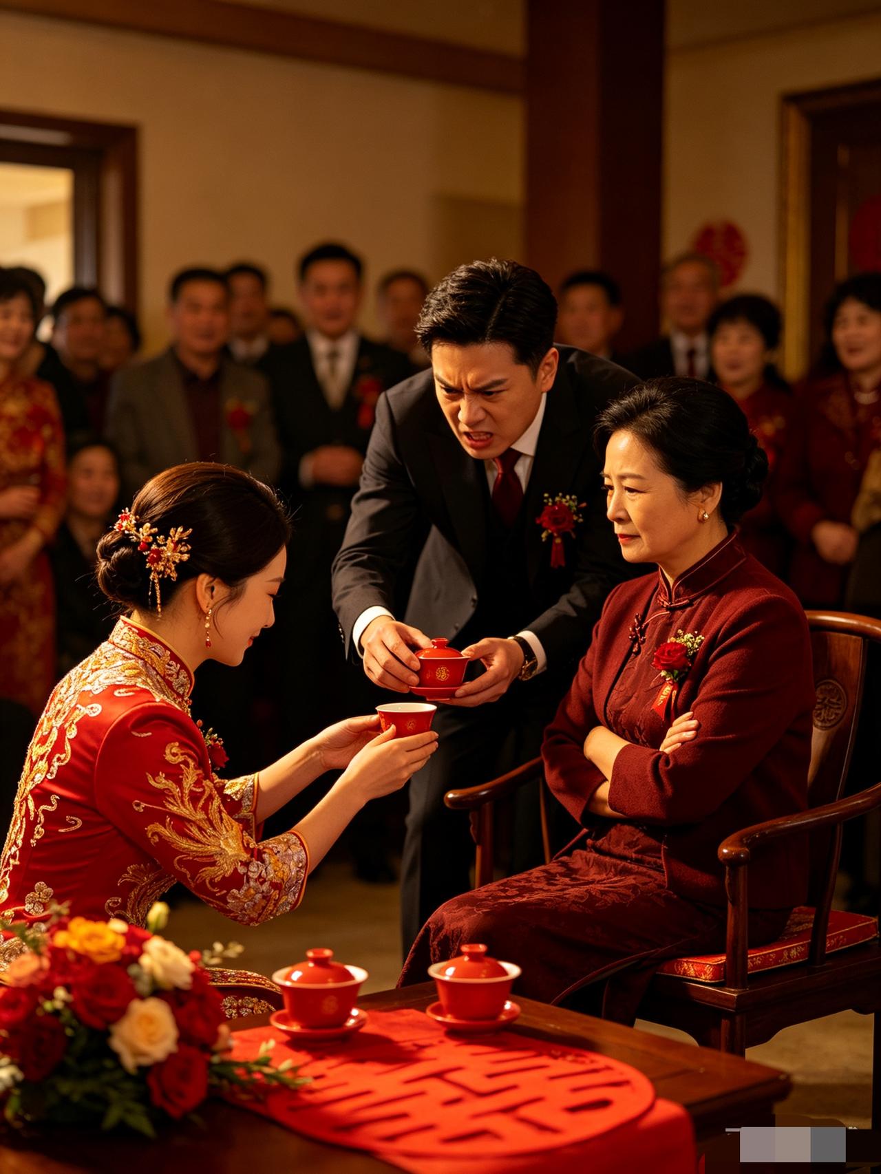 大喜之日敬茶，婆婆摆脸色拒绝改口，新郎当场倒掉茶水，一句话全场安静婚礼是一个