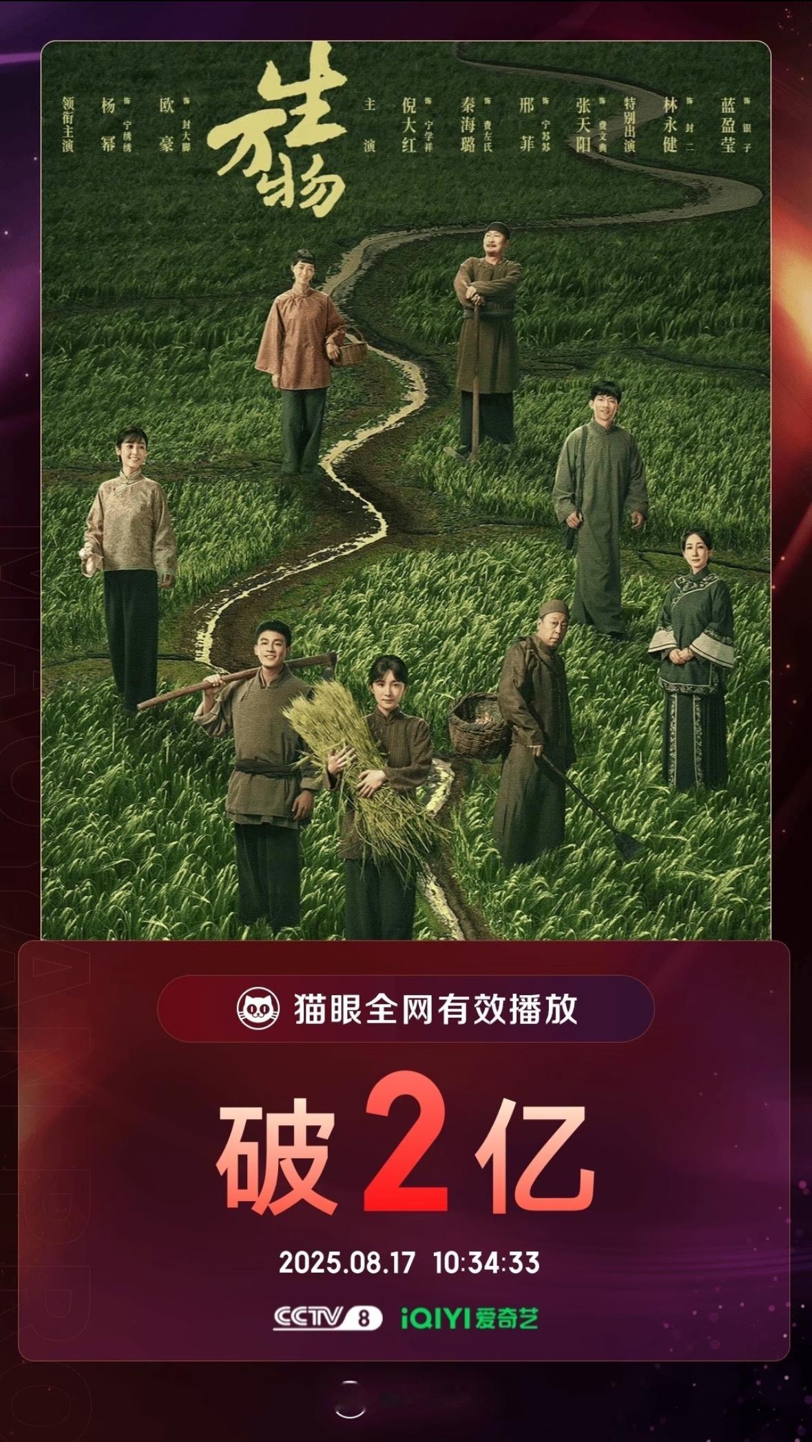 猫眼全网有效播放破2亿了！俺们生万物俺们宁绣绣真争气！！！全村人都知道了绣绣是清