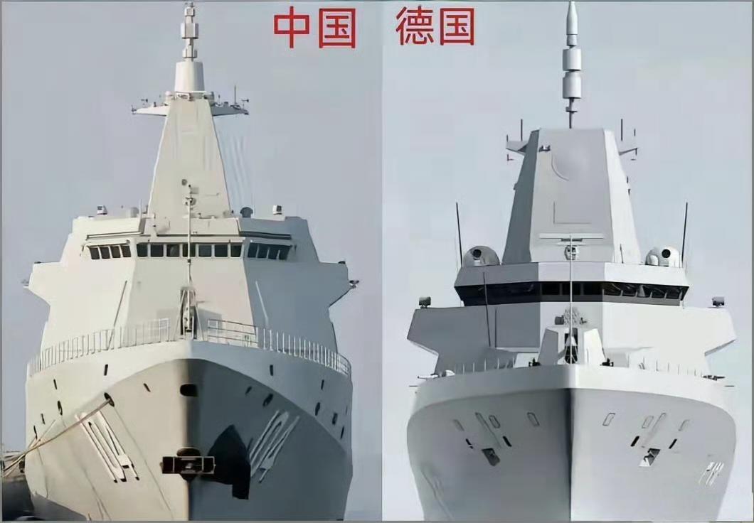 【中德万吨级舰艇比较】图片中展示的是我国055型驱逐舰与德国F-126型护卫舰，
