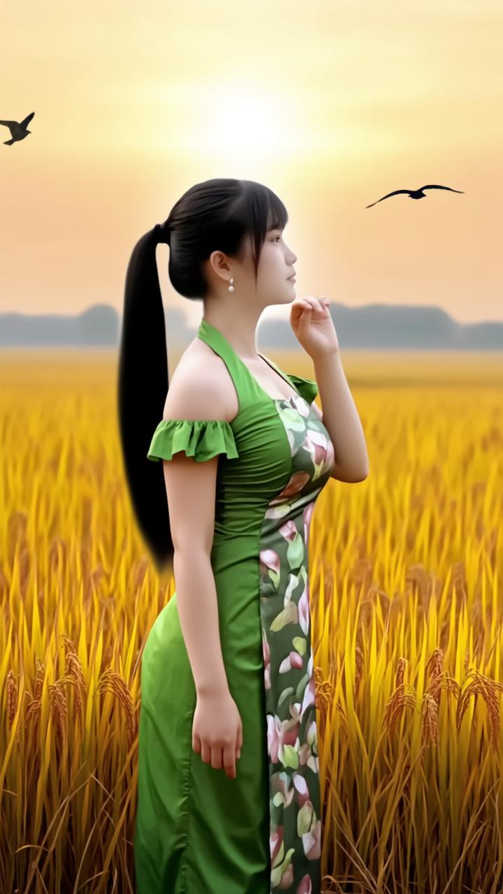 想象一下，在那广袤的田野里，一位少女置身其中。金色的麦浪随着微风轻轻摇曳，与她绿