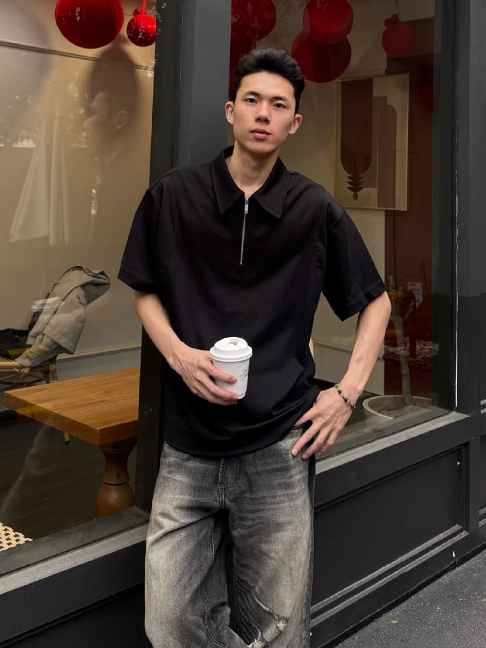 黑色半拉链polo衫短袖男夏季高级感痞帅