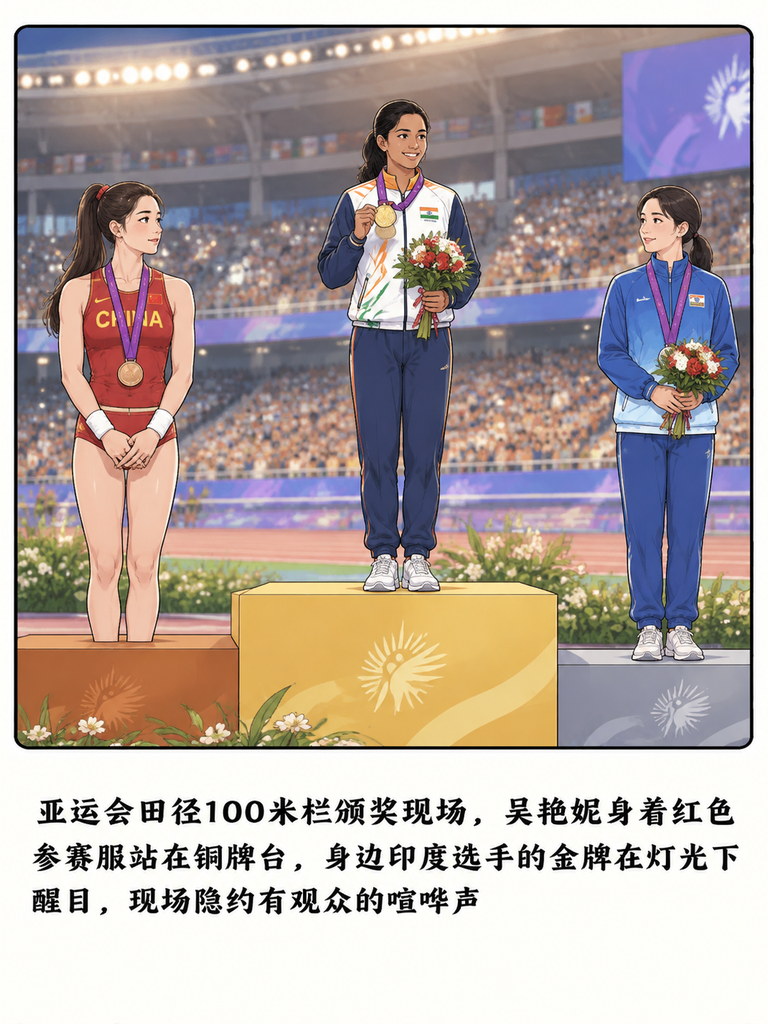 谁能想到，0007秒的差距，能把吴艳妮的亚运银牌直接抹掉？亚锦赛她13秒07，差印度选手一哆嗦拿铜牌