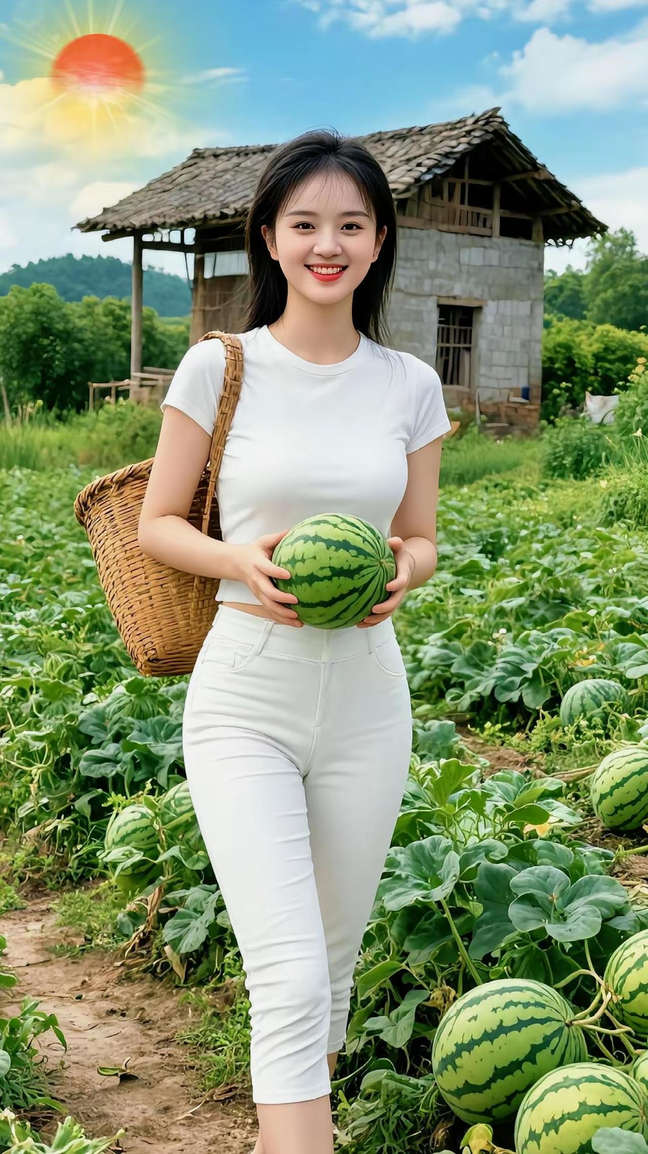 夏日田园风光，手捧西瓜笑靥如花