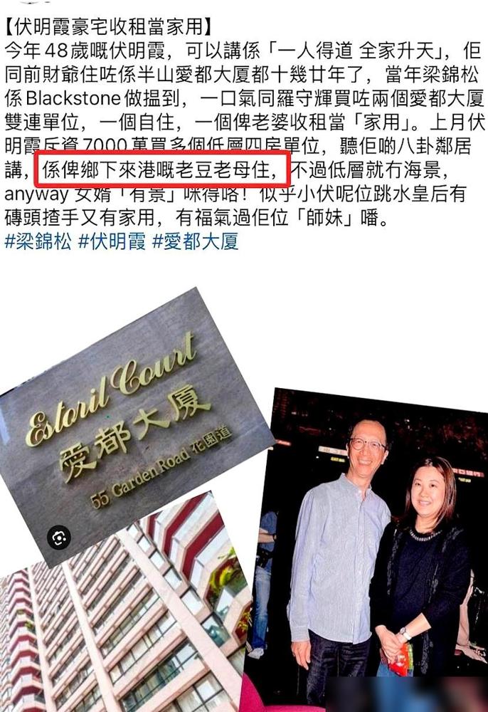 伏明霞让梁锦松掏了7000万，在自家住的同栋豪宅低层买下一套四房，不是为了炒房投
