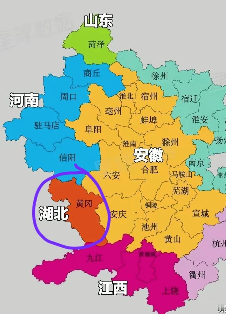 原来河南省和江西省之间正好隔了一个黄冈市，真是有趣的地图，黄冈市位于湖北省东部，