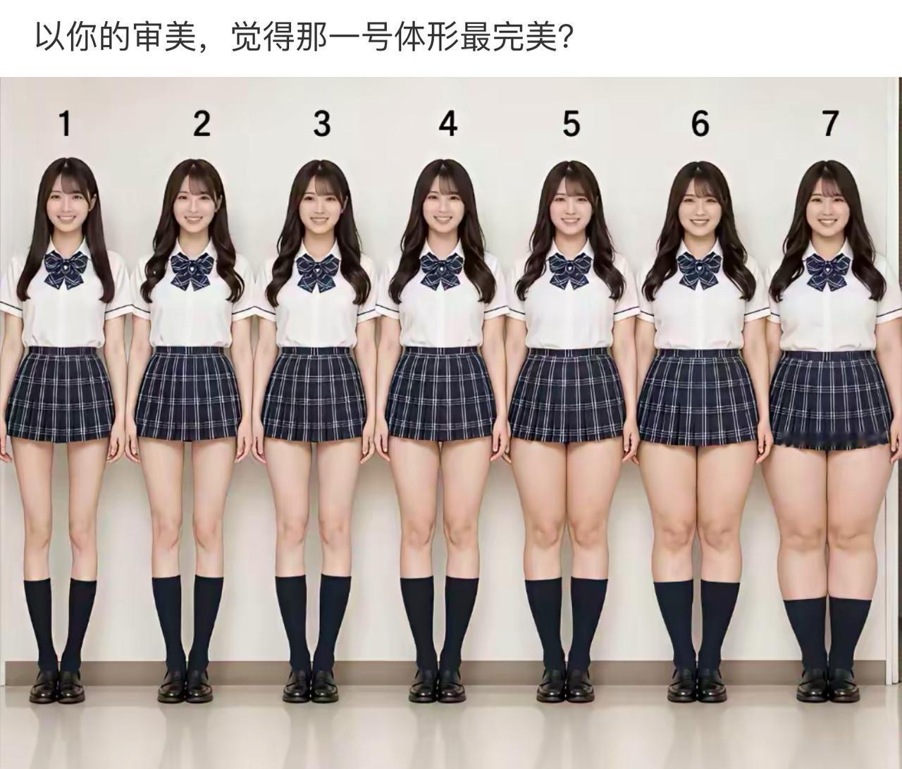 从1号的纤细骨感，一路过渡到7号丰腴饱满，同款校服，七种不同身材。没有绝对满分