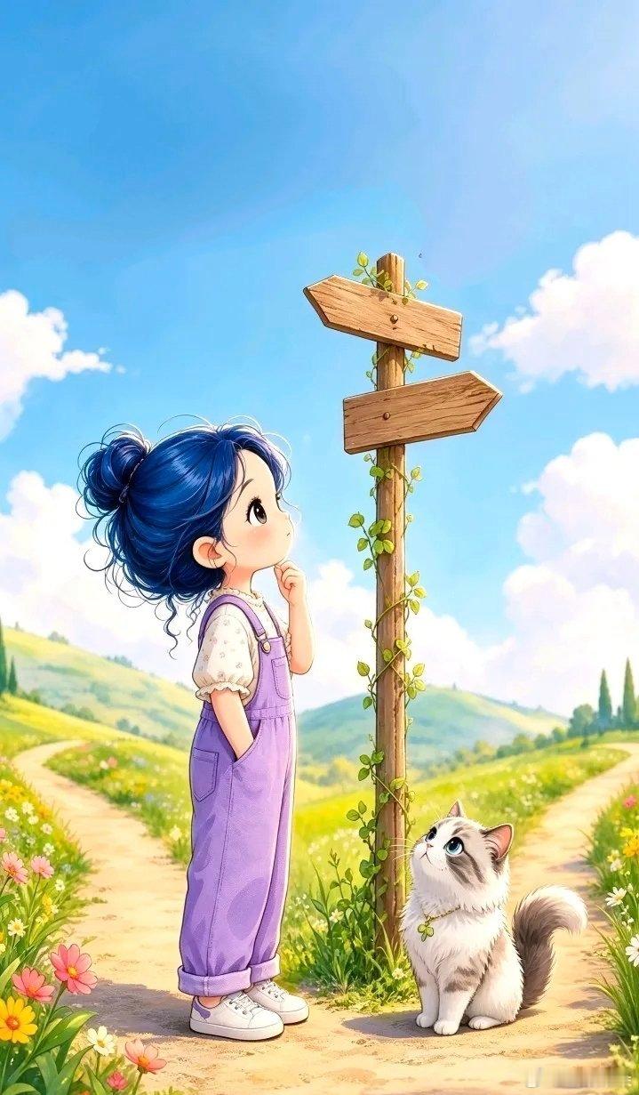 猫咪与女孩～秋季田园郊外奔放快乐插画壁纸