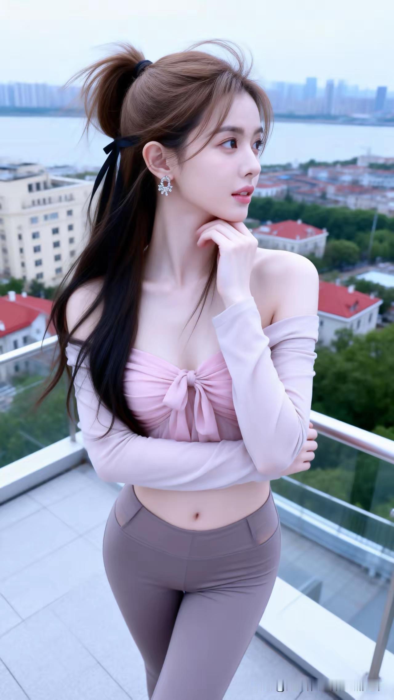 都市少女风，粉色蝴蝶结上衣搭配灰色紧身裤，优雅气质满满！