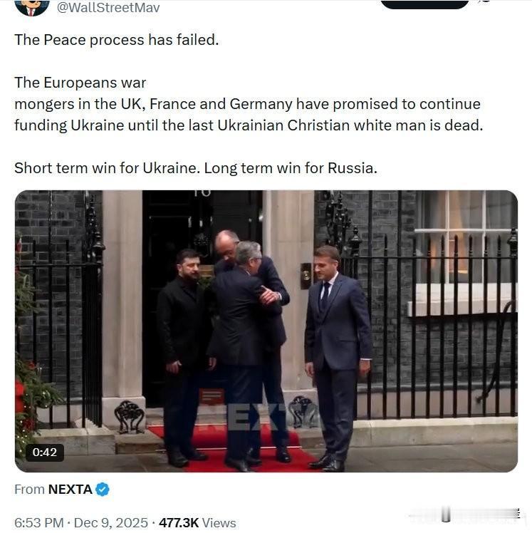 和平进程已失败。英国、法国和德国那些欧洲战争贩子已承诺继续资助乌克兰，直到最