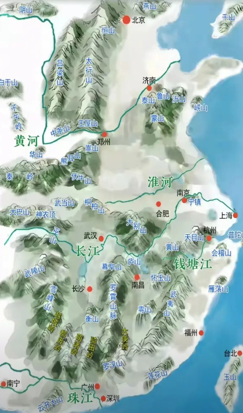 我国的地形图。这张图告诉我们很多知识点：这就是为什么华北平原无险可守，必