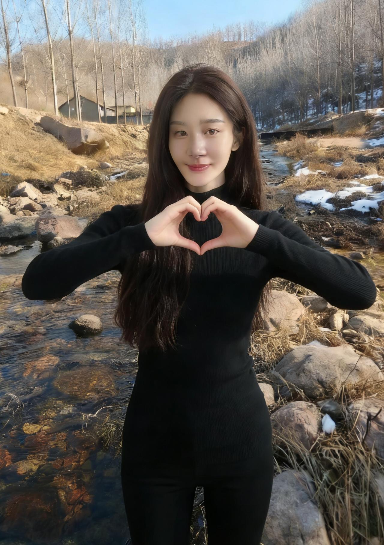 溪头见丽人，发乱晚风亲。笑靥惊寒雀，轻颦动远春。