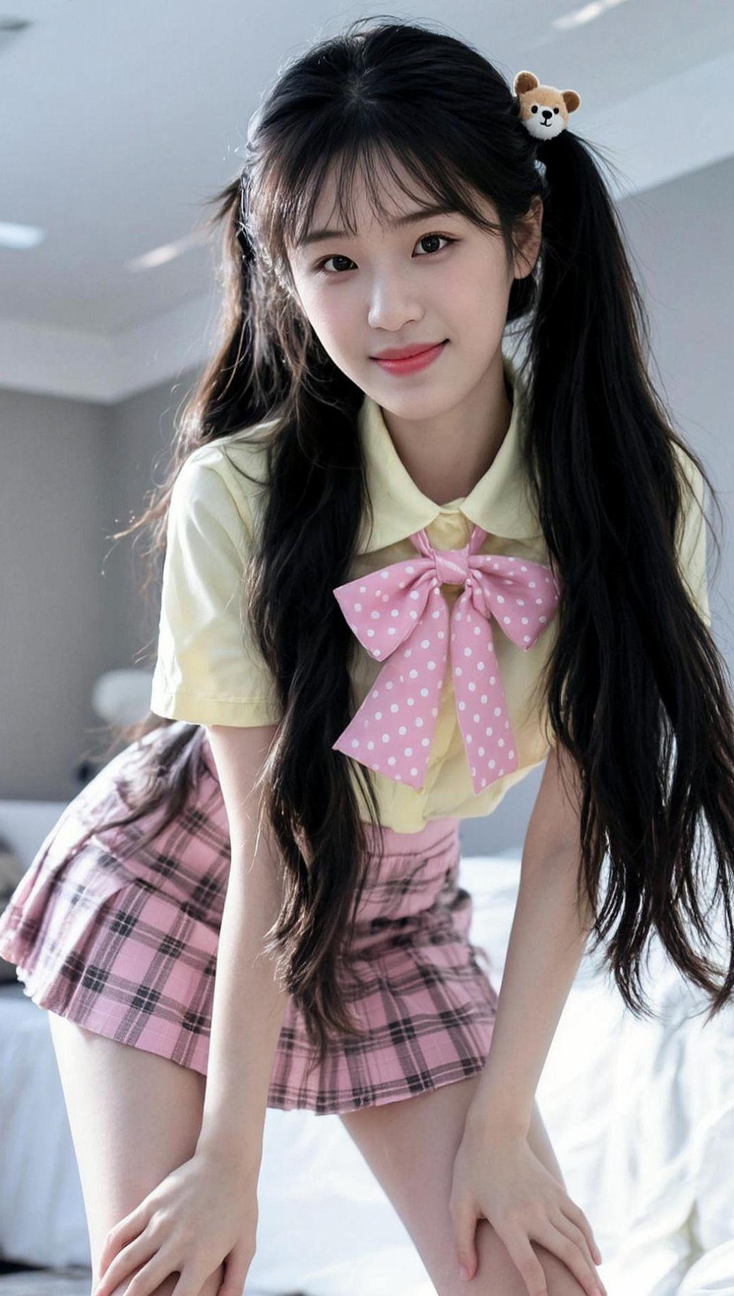 甜妹穿搭上线，软萌与俏皮的完美结合！粉色蝴蝶结点缀黄色上衣，搭配格纹短裙，青春气