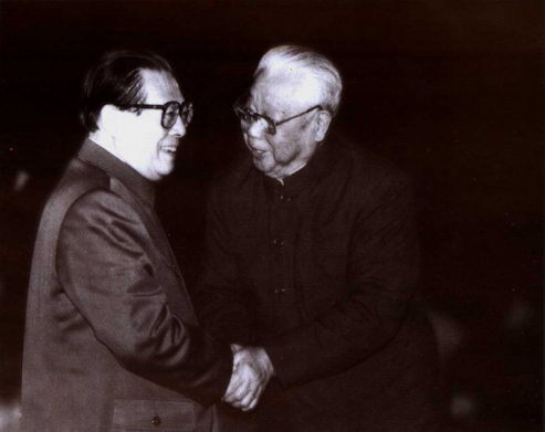 1994年春节团拜会，江同志和一位老将军亲切握手，亲切交谈。这位老同志已经白发苍