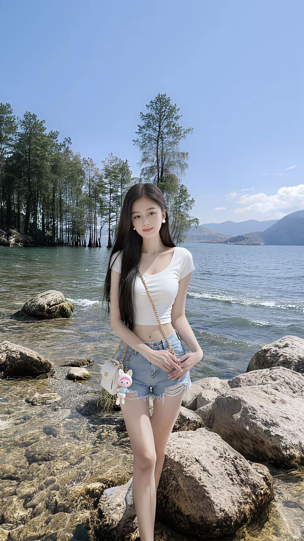 一个女孩在湖边拍照，风景真美！