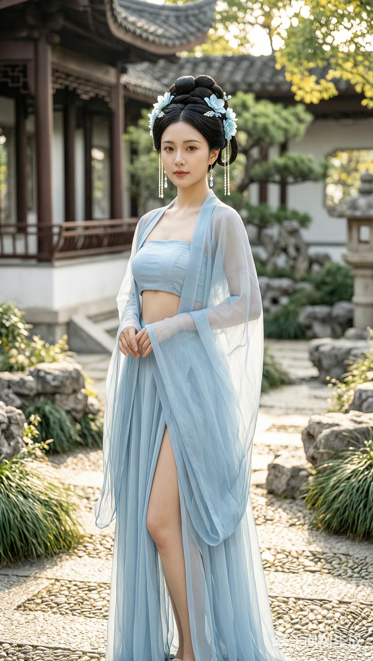 古风少女，蓝衣飘飘，花髻轻挽，漫步园林。