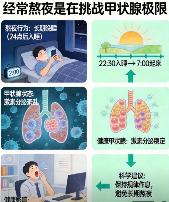 经常熬夜是在挑战甲状腺极限，晚睡的人真的该醒醒了不少人长期熬夜、晚睡，以为补个
