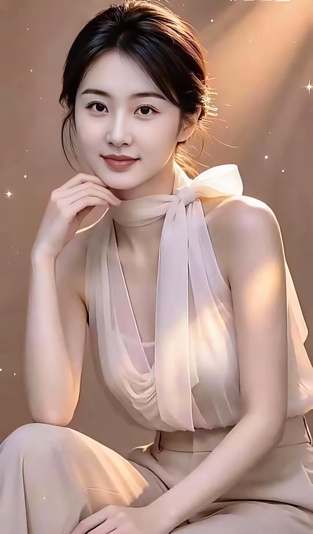 《《暖光里的轻纱梦》》浅杏轻纱系着柔结，暖光斜洒，晕染温婉眉眼。指尖
