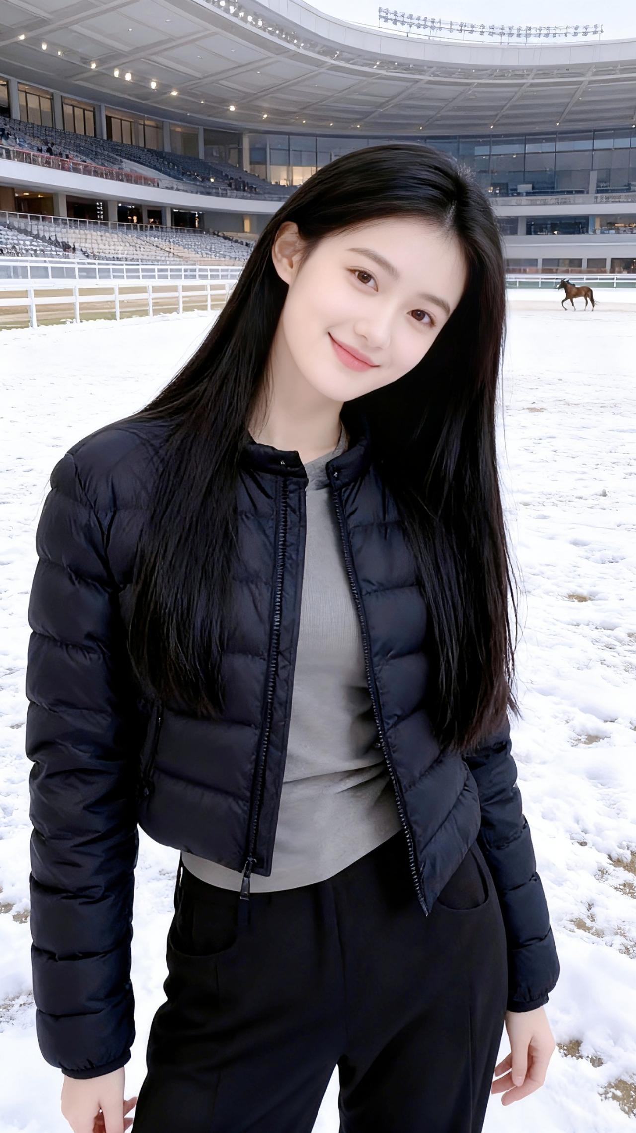 雪落满跑马场的那天，她裹着棕褐色的短绒外套站在白色围栏边，发梢被风掀起一点弧度，