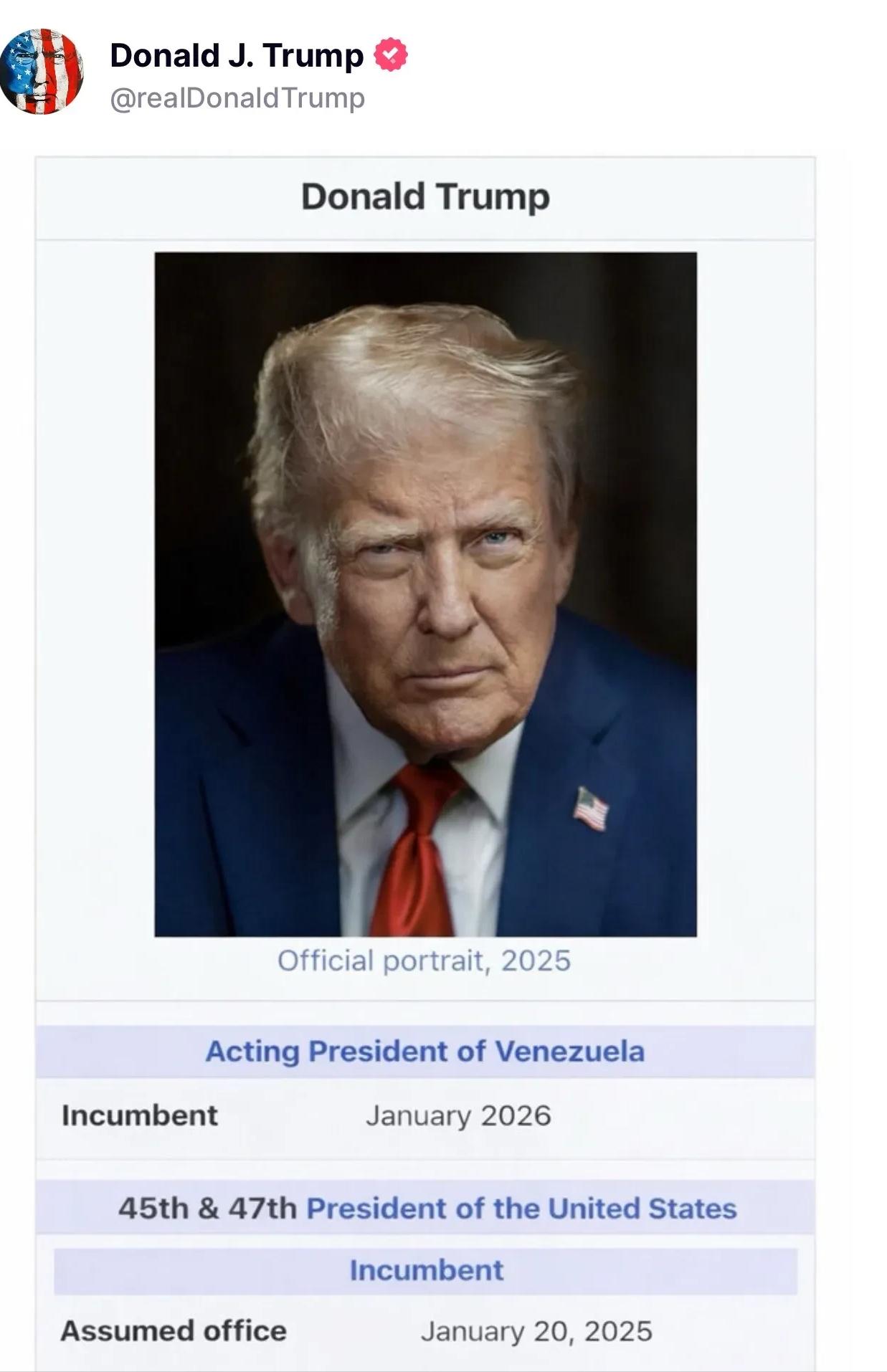 特朗普自己发了一张维基百科的个人简介，除了美国总统，他从2026年1月就任委内瑞