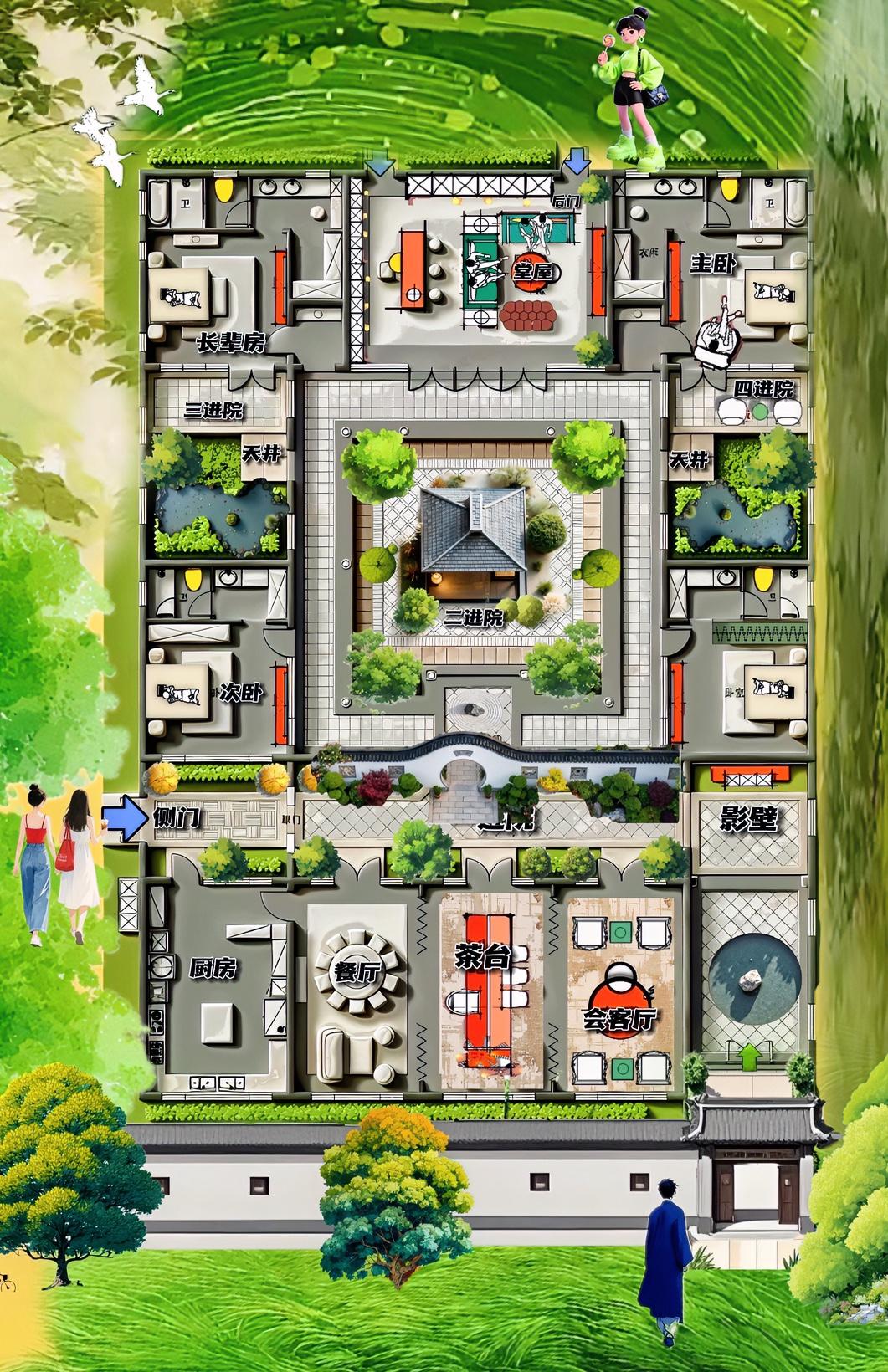 最高级的合院，不是微型五进式，而是三面通透，693㎡就如当下自建房，一半是大平层