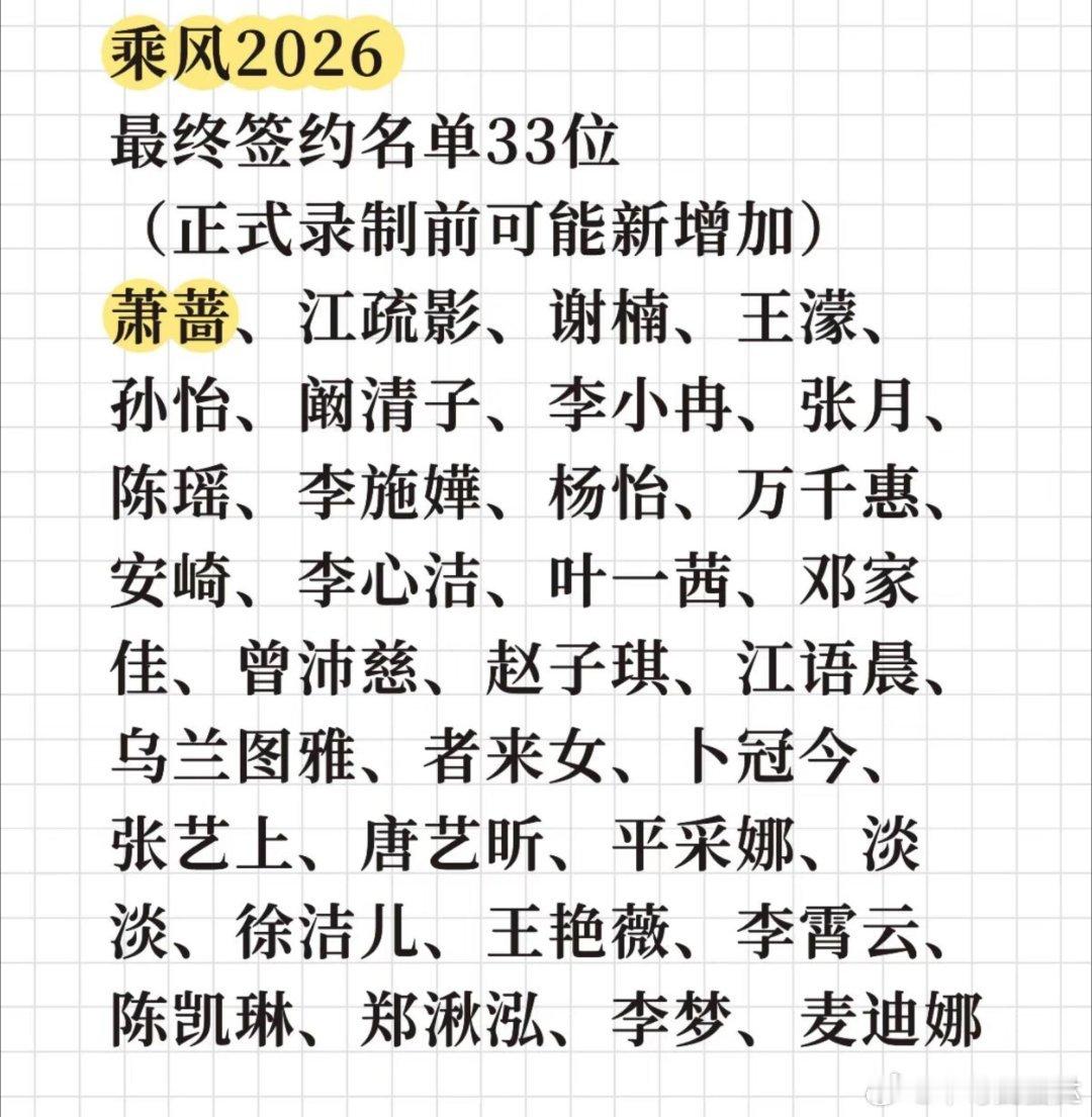 浪姐🍉浪姐7录制名单乘风2026最终签约名单33位（正式录制前可能新增加）萧蔷