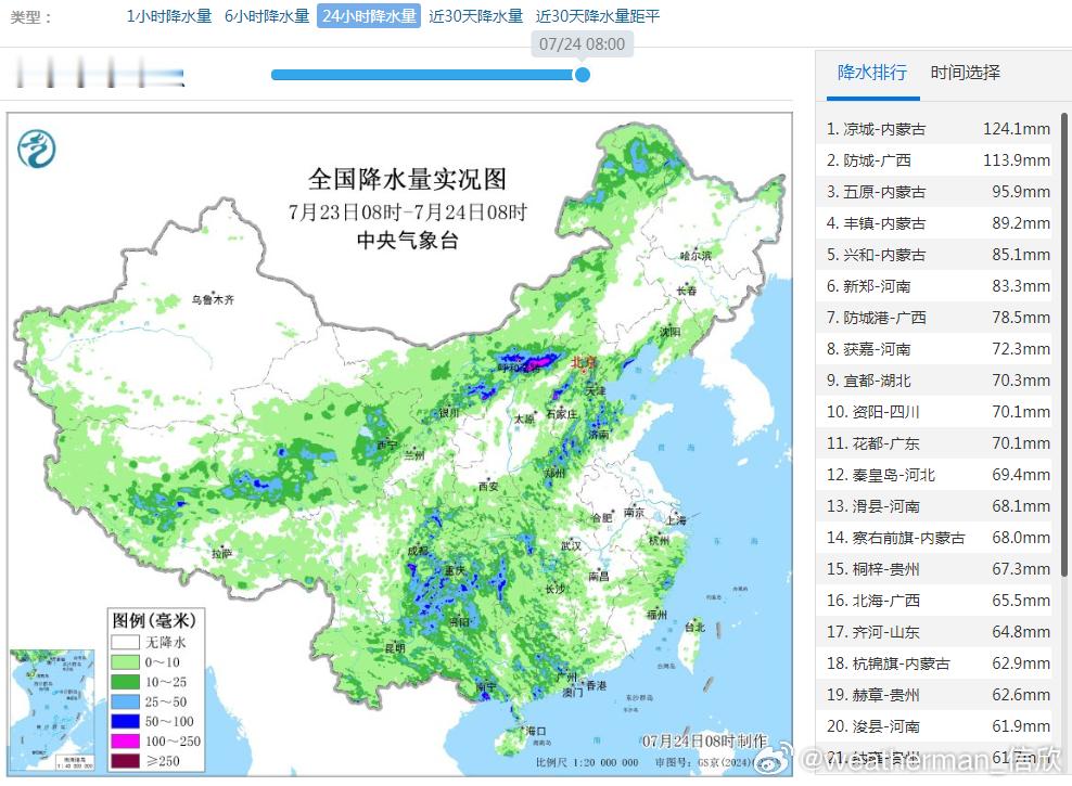 【强降雨】昨天白天到今晨，可见两条大范围的降水，对应高空槽+季风气流+副热带高压