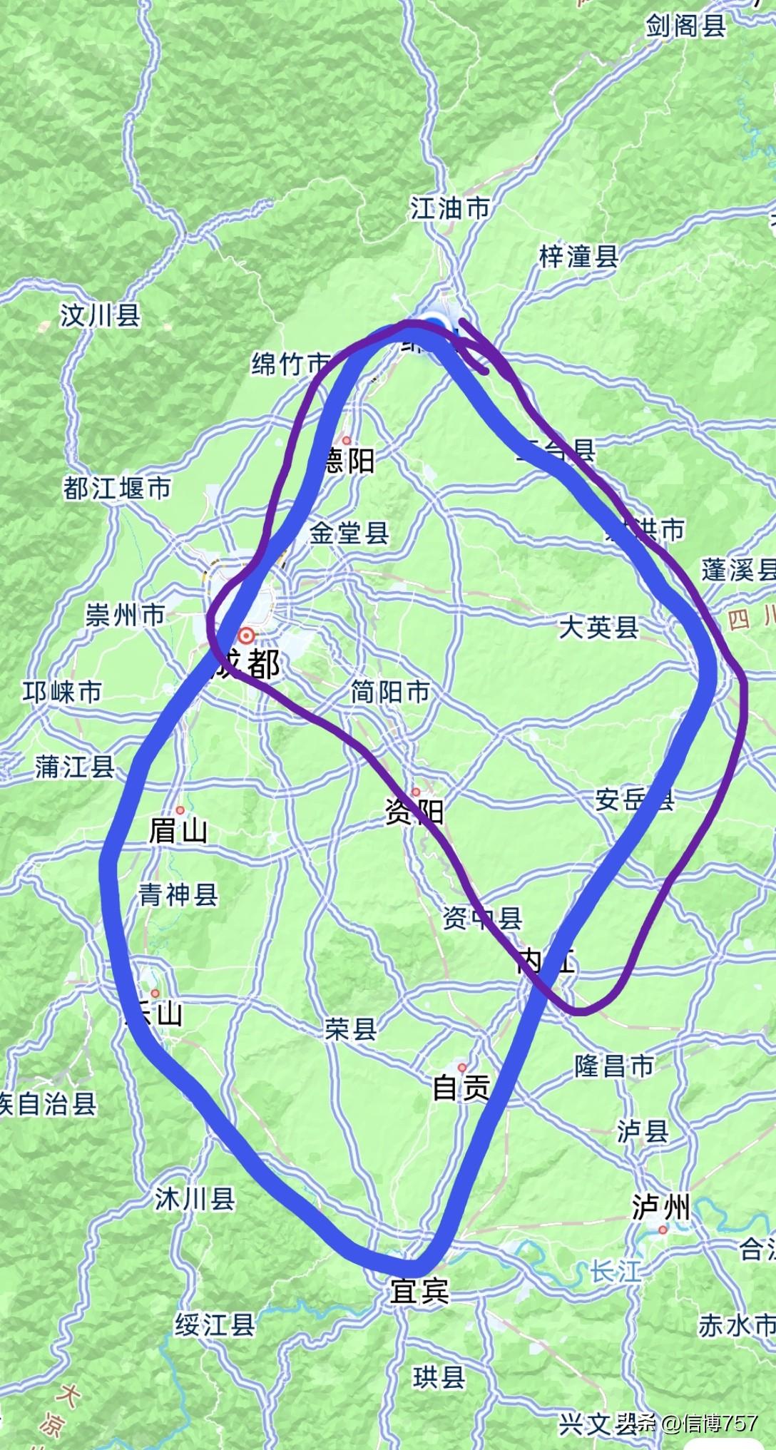 待绵遂内高铁修通之后，建议开通两条双向通行的环线高铁。一条是四川盆地的大环线，成