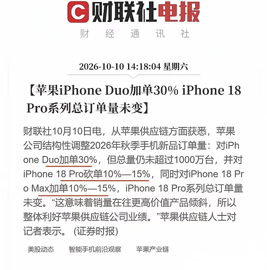之前iPhone18Pro砍单传闻，纯粹是片面解读。最新供应链数据：Pro系列总订单不变，只是内部调