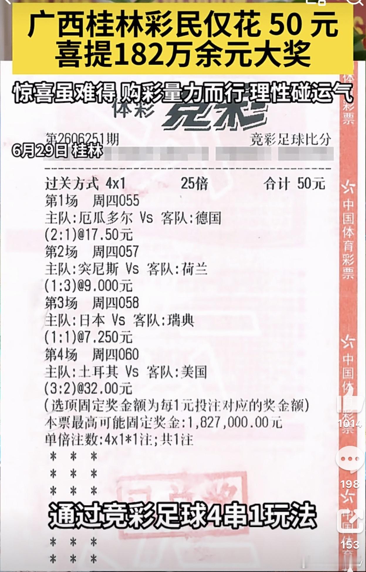 50元竞猜世界杯中182万买过的才知道猜比分有多难，四场串下来全对这点子太正了！
