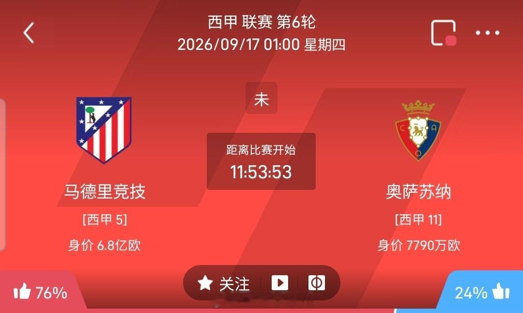 【足球】周三006西甲方向：马德里竞技vs奥萨苏纳西甲：马德里竞技VS奥萨苏纳时