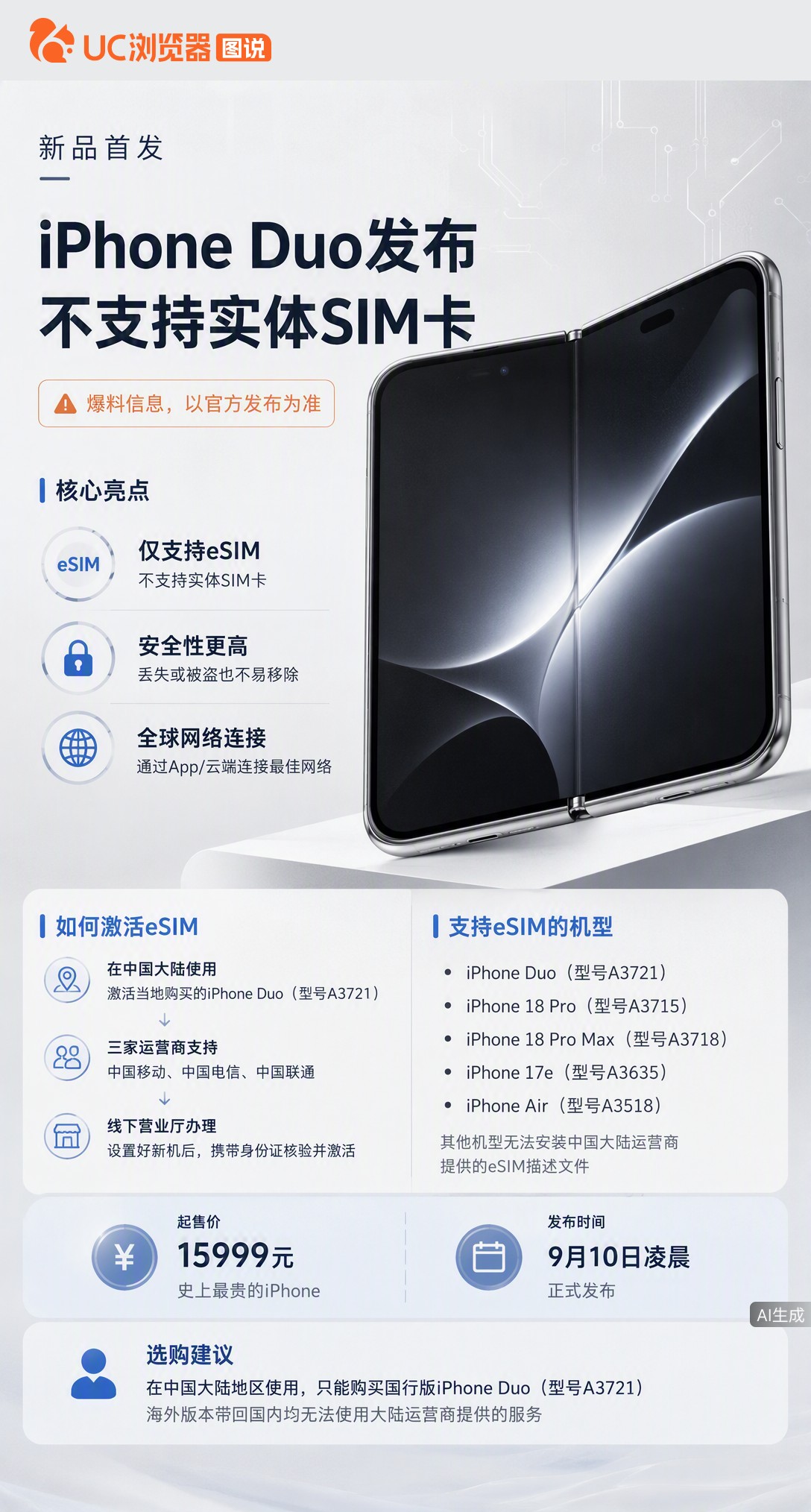 苹果首款折叠机iPhoneDuo起售价15999元，却取消了实体SIM卡槽。三大运营商已回应支持eS