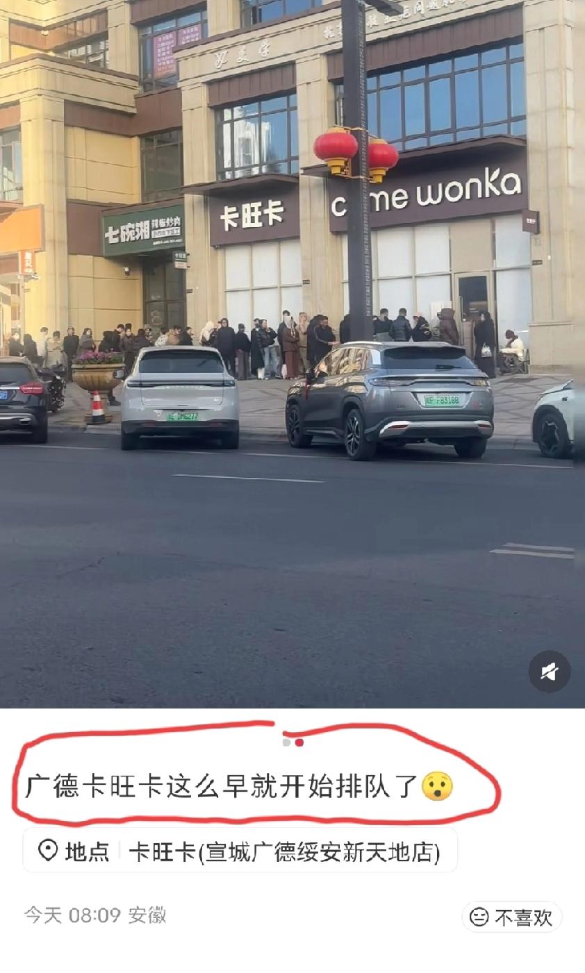 安徽宣城，网友发文吐槽:一大早，广德卡旺卡奶茶店门口就排了这么多。广德这个卡旺