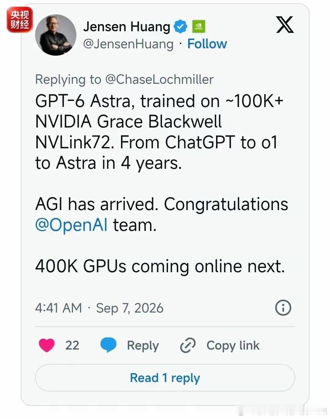英伟达CEO黄仁勋9月6日在社交平台发文透露，OpenAIGPT‑6Astr