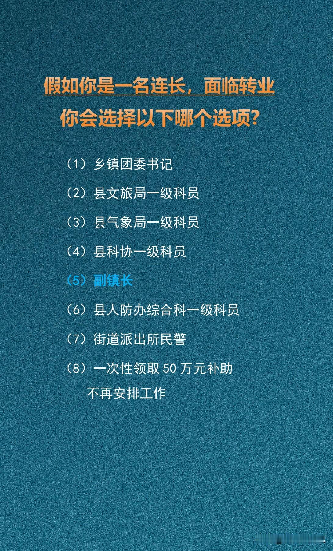 假如你是一名连长，面临转业你会选择以下哪个选项?(1)乡镇团委书记(2)