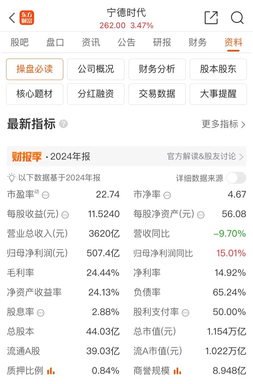 宁德时代2024年实现归母净利润507.4亿元，同比增长15.01%，总市值1.