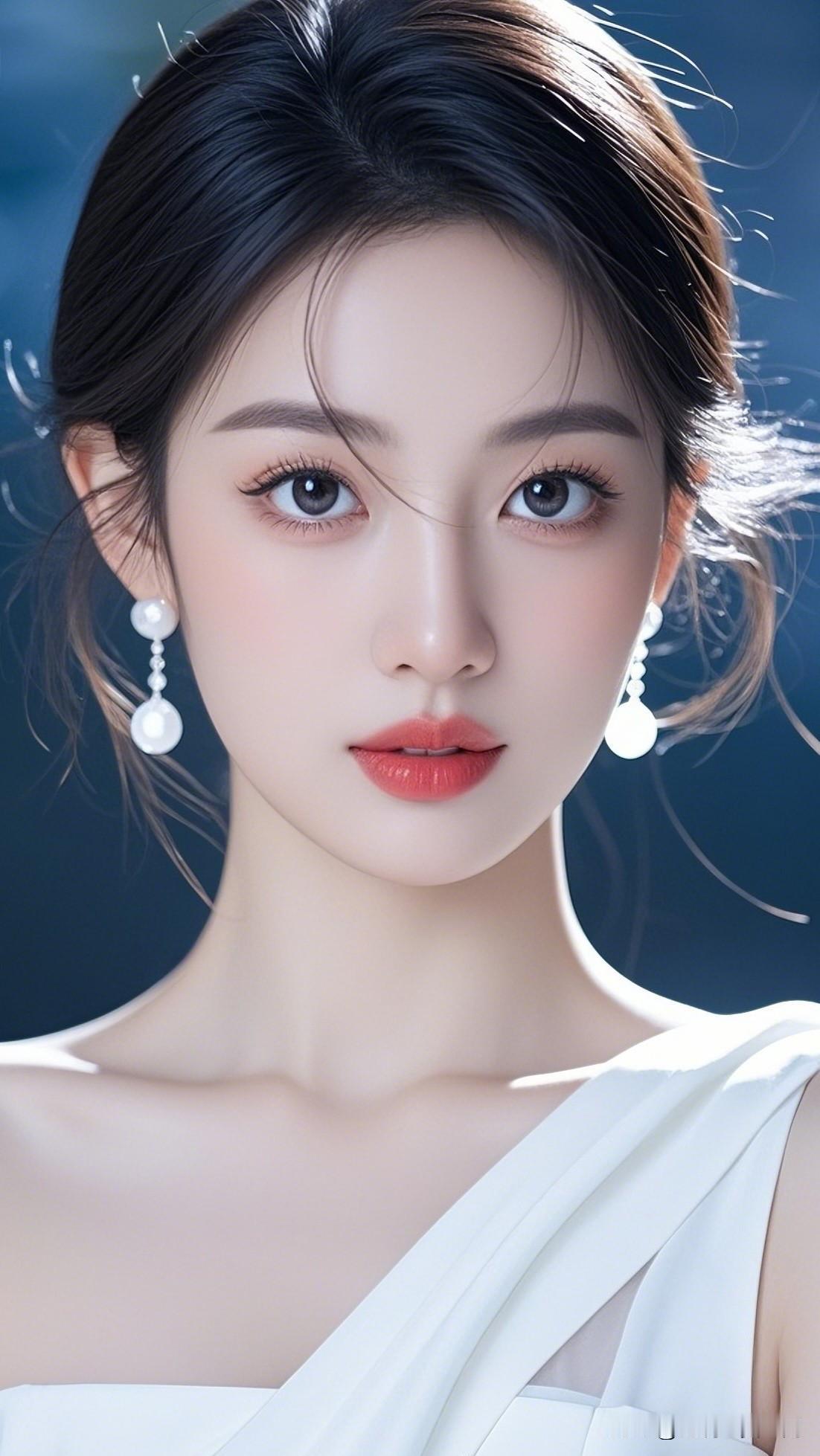 月华如练，美人如玉。美少女美景分享优雅女神，红唇白裙，闪耀耳环，气质满分！