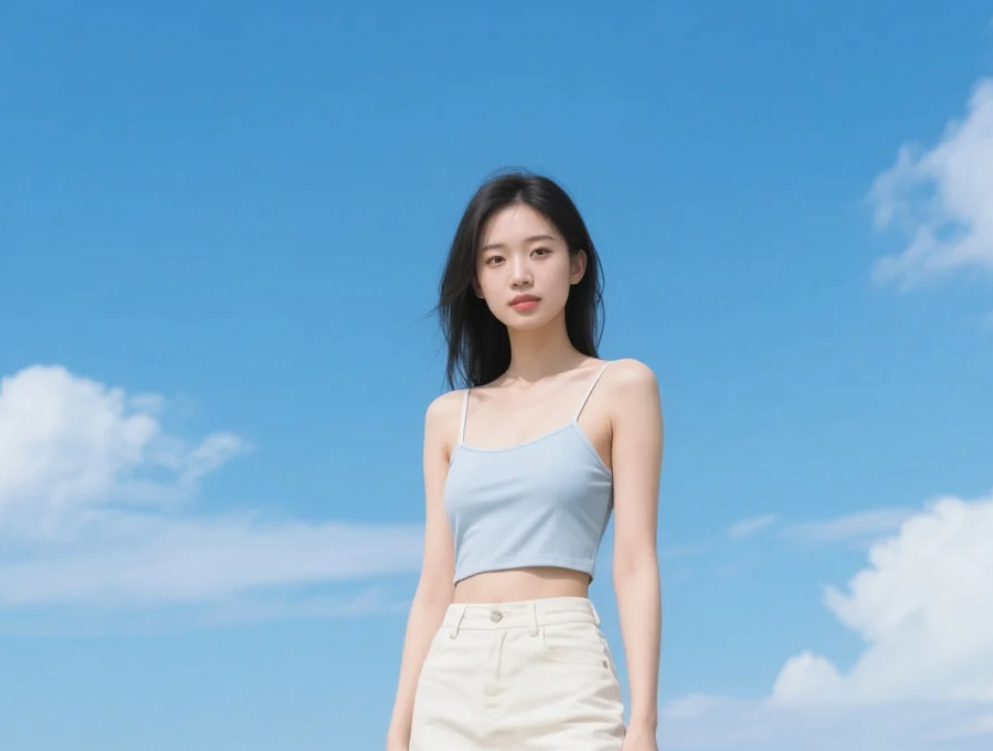 她躺在沙滩上看天空，美得毫无攻击性