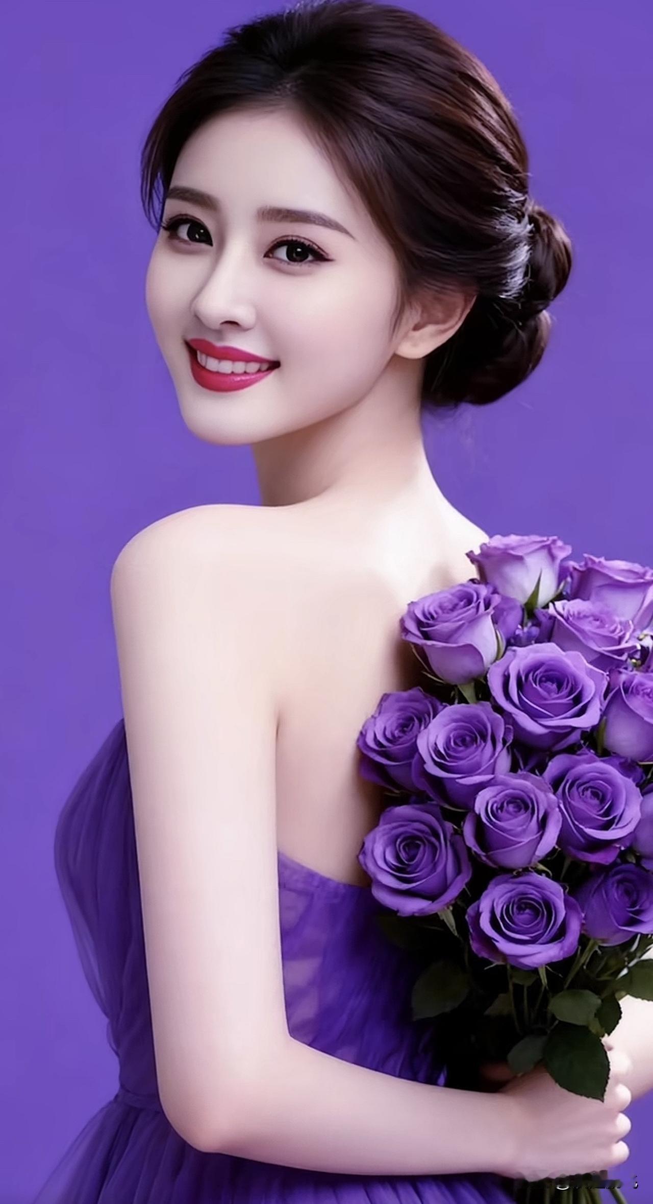 紫衣美人笑，花束映芳颜。紫衣佳人写真粉妆娇俏佳人紫裙花卉写真紫裙花卉写真