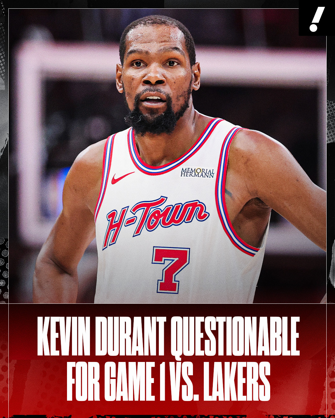 杜兰特因右膝挫伤，被列为NBA季后赛对阵湖人队首场比赛的出战成疑状态。据麦克马洪