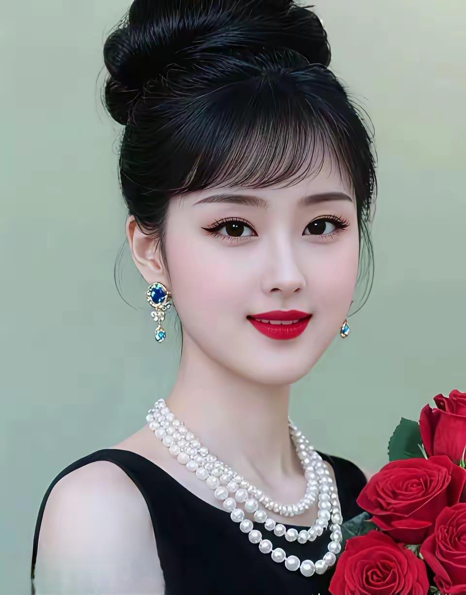 优雅红玫瑰，珍珠项链点缀，黑裙与红唇的完美搭配，尽显高贵气质！🌹✨