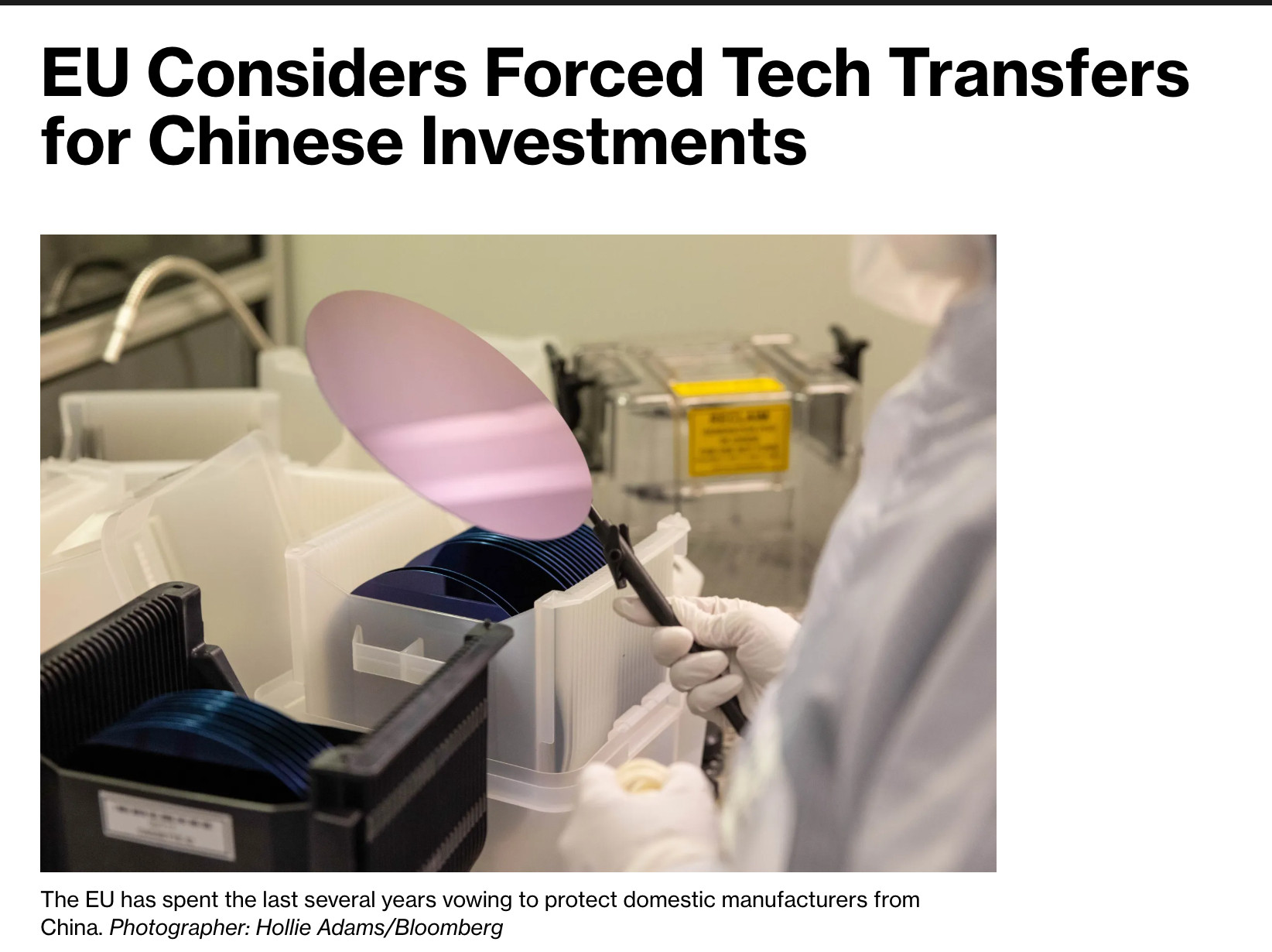 欧盟打算强制要求中国公司以技术换市场。曾经，中国用类似的交易来确保本土产业跟上时