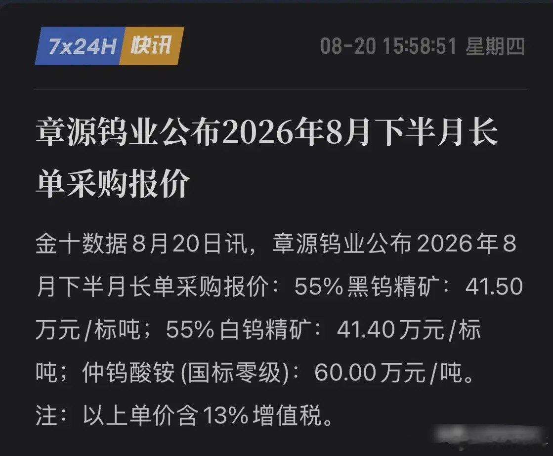 41.5万/标吨，精矿逆势提价！章源钨业有矿就是横，钨被当“类稀土”配？8月20